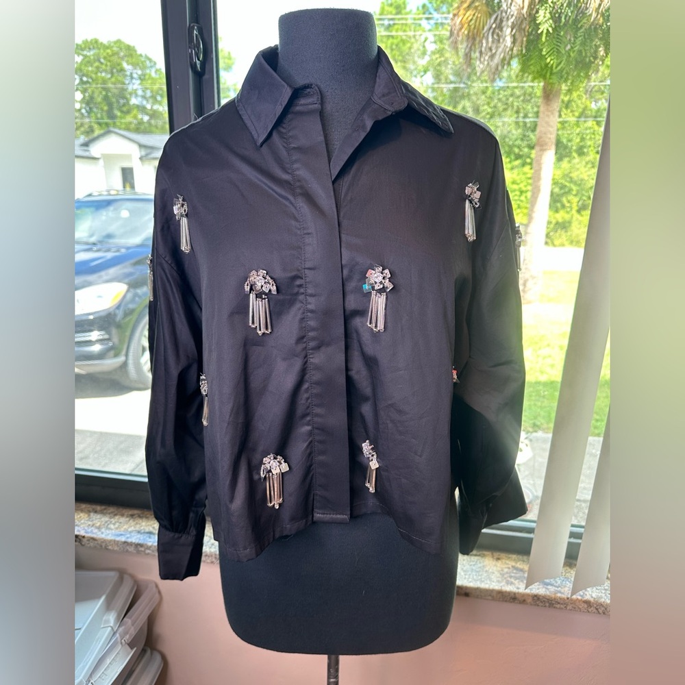 Justa Petra Black Cropped 100% Cotton Embellished Button Up Blouse Size 2